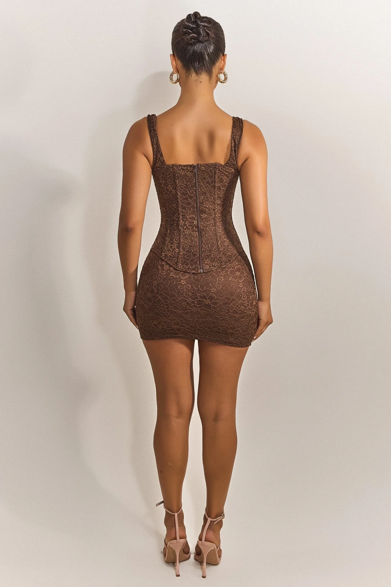 The Cinched Lace Mini Skirt in Brown