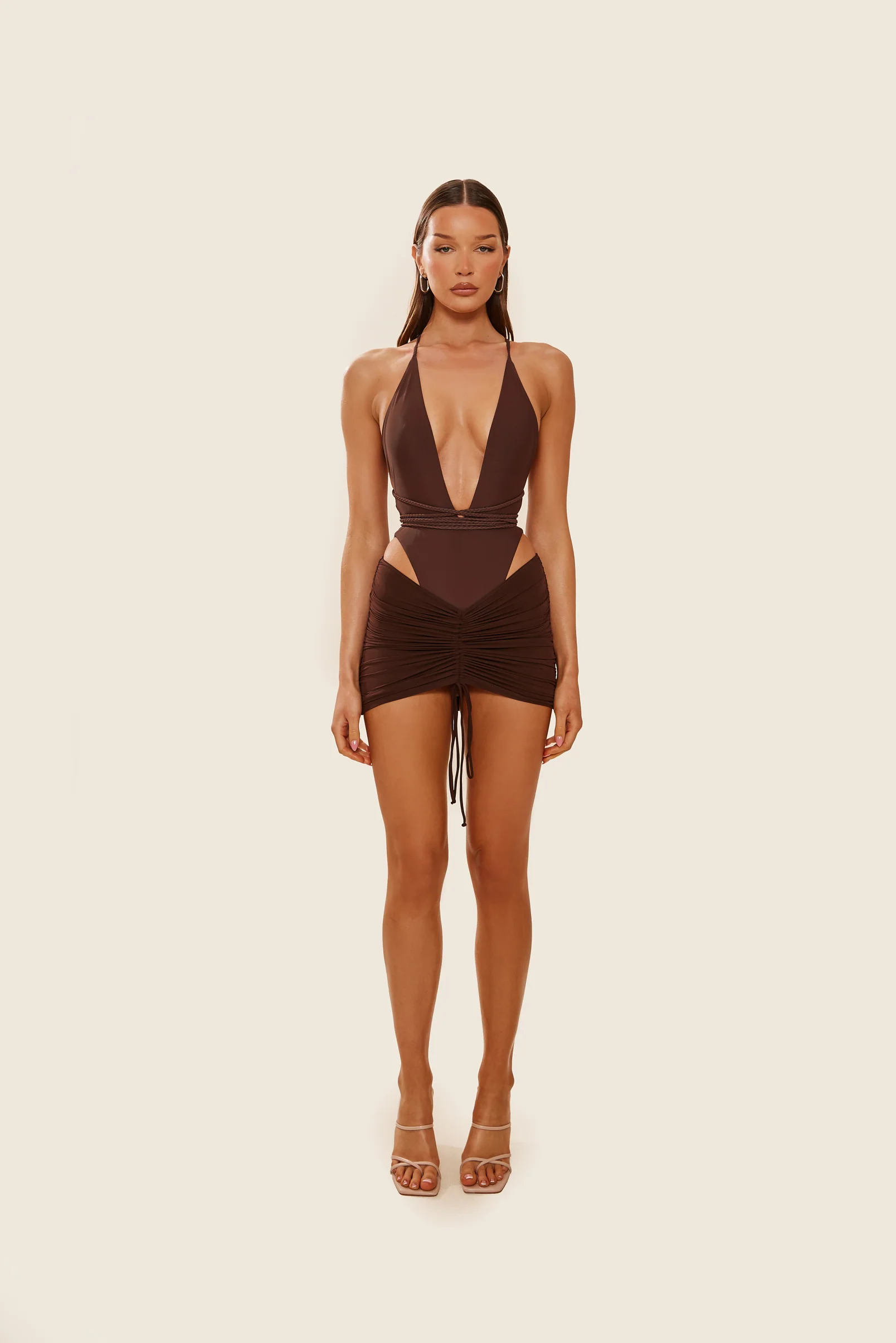 Mesh Ruched Coverup Skirt in Brown