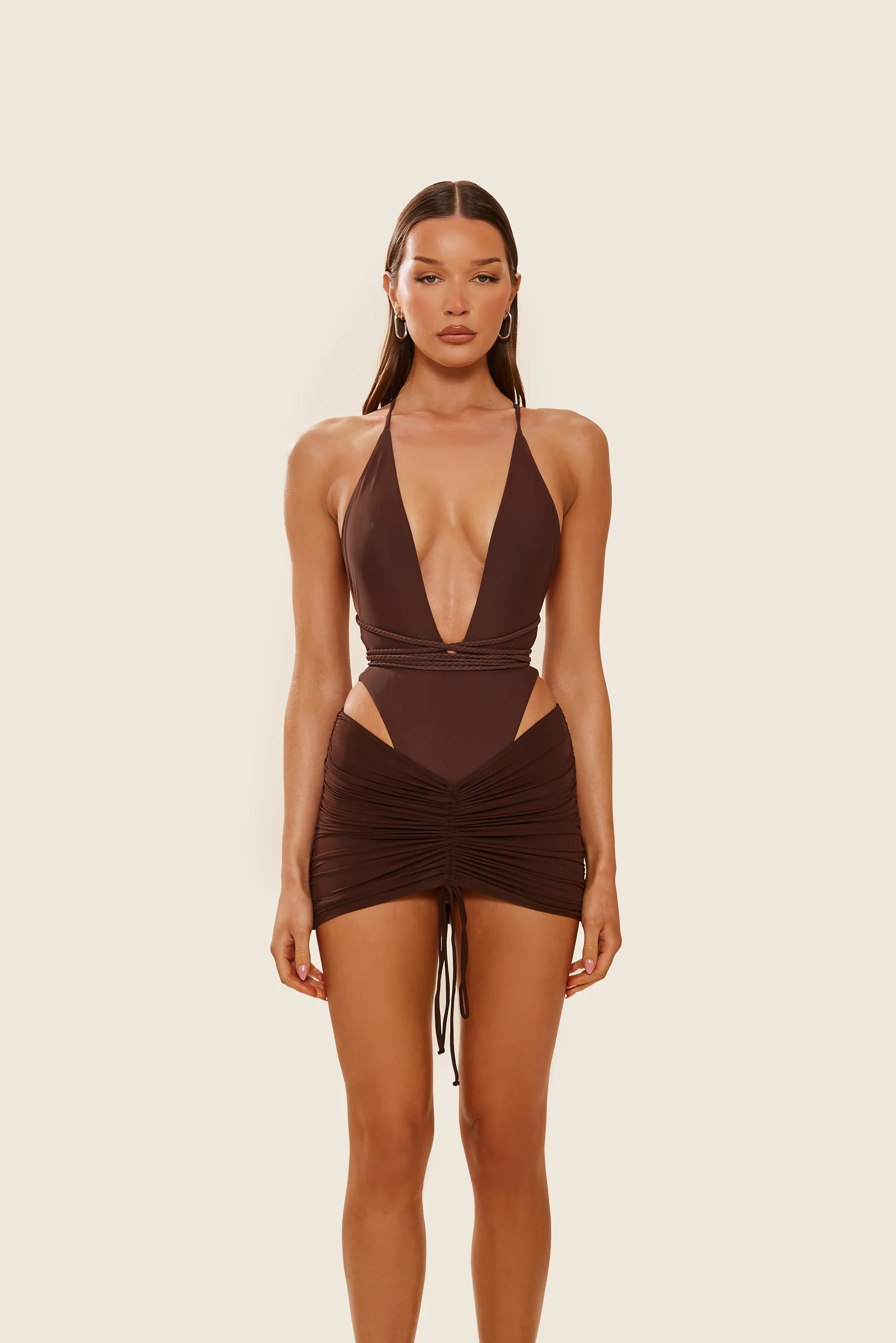 Mesh Ruched Coverup Skirt in Brown