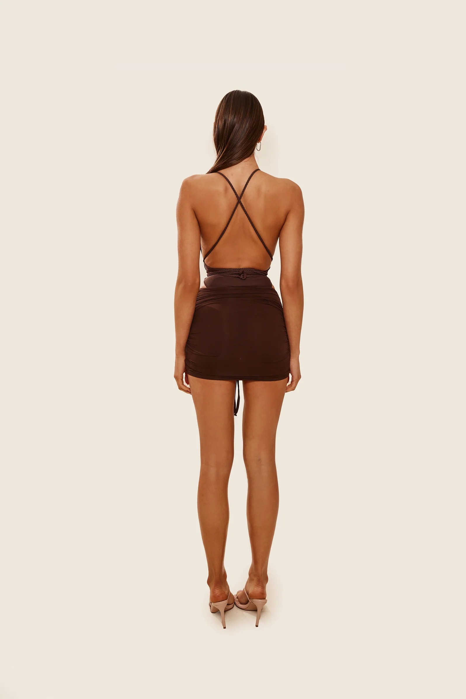 Mesh Ruched Coverup Skirt in Brown