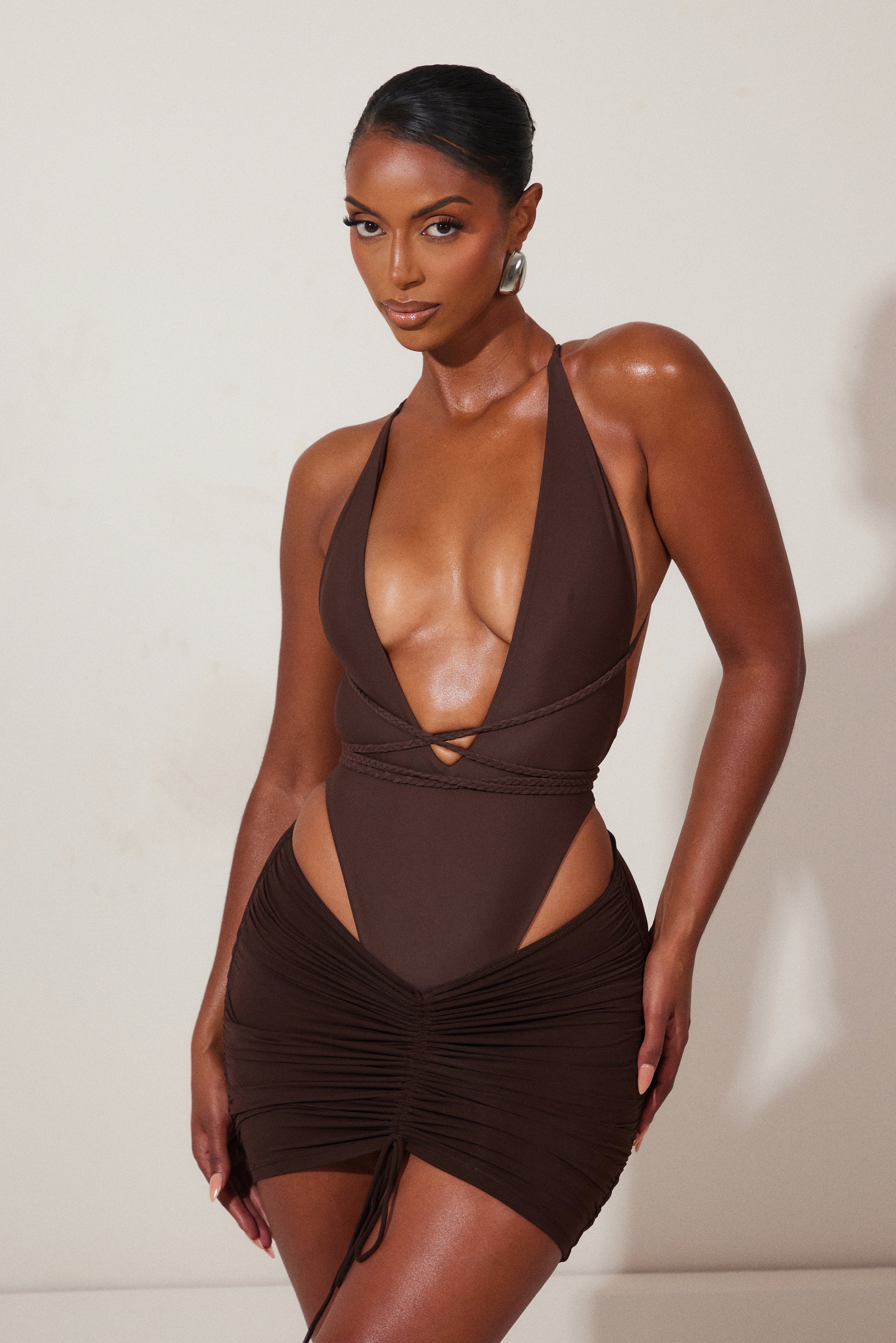 Mesh Ruched Coverup Skirt in Brown