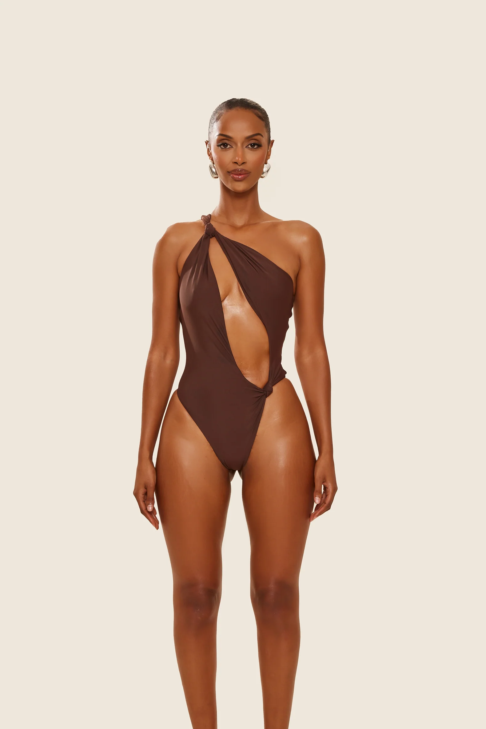 The Asymmetric Knot Detail Swimsuit in Brown
