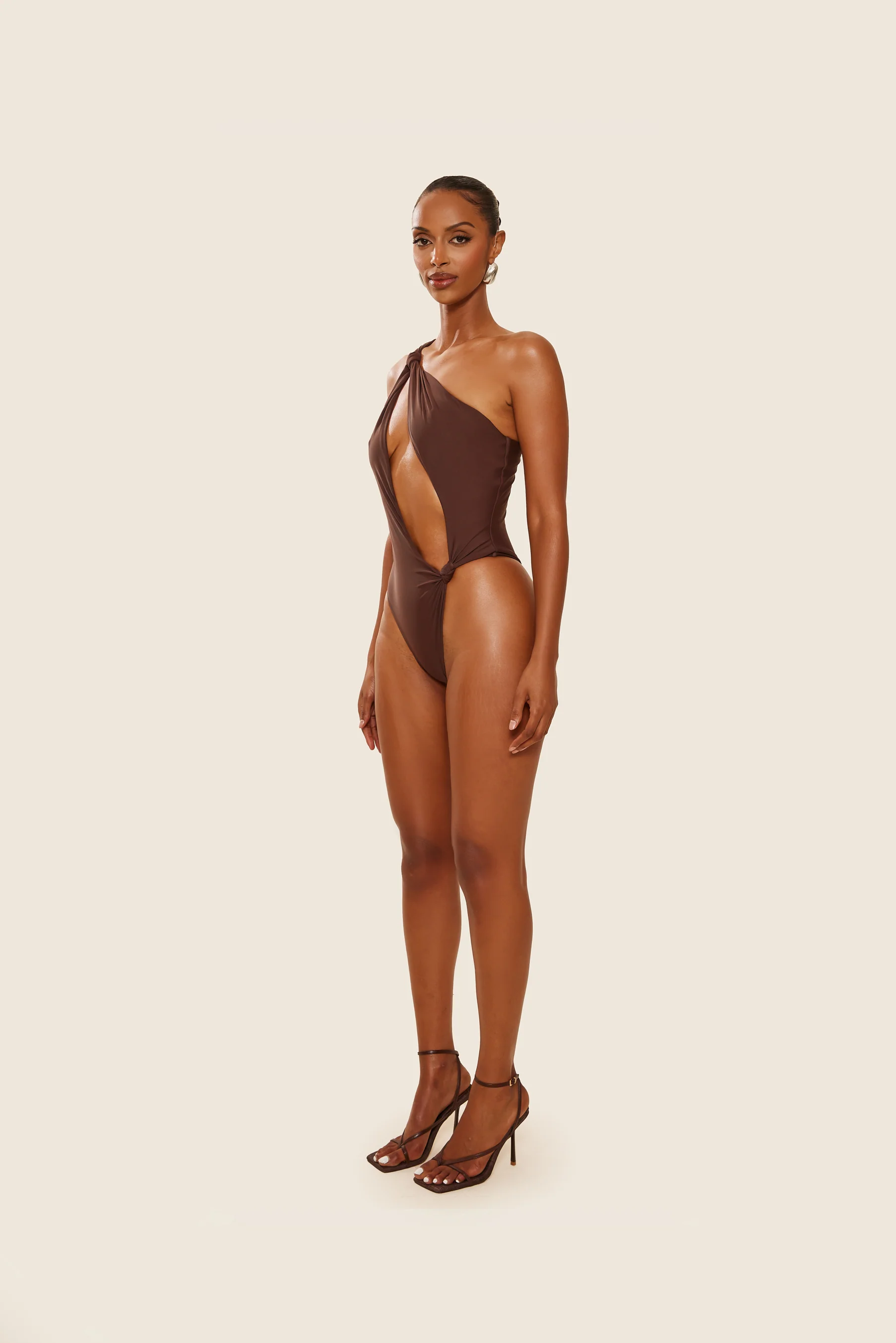 The Asymmetric Knot Detail Swimsuit in Brown