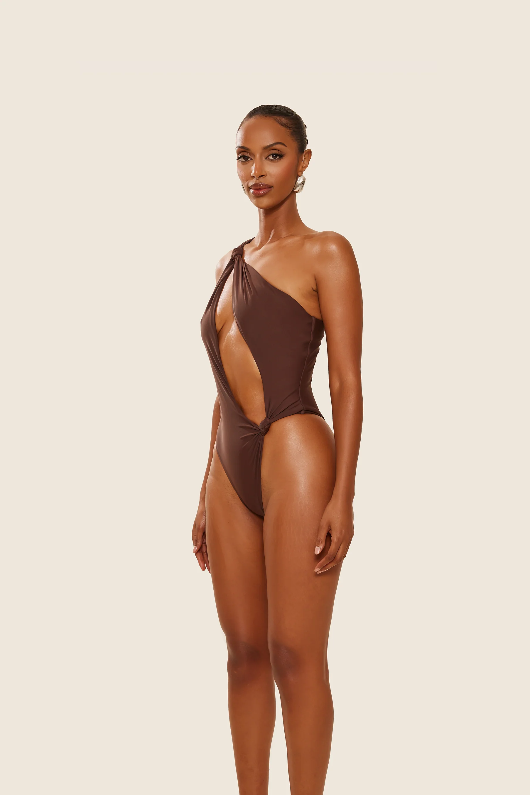 The Asymmetric Knot Detail Swimsuit in Brown