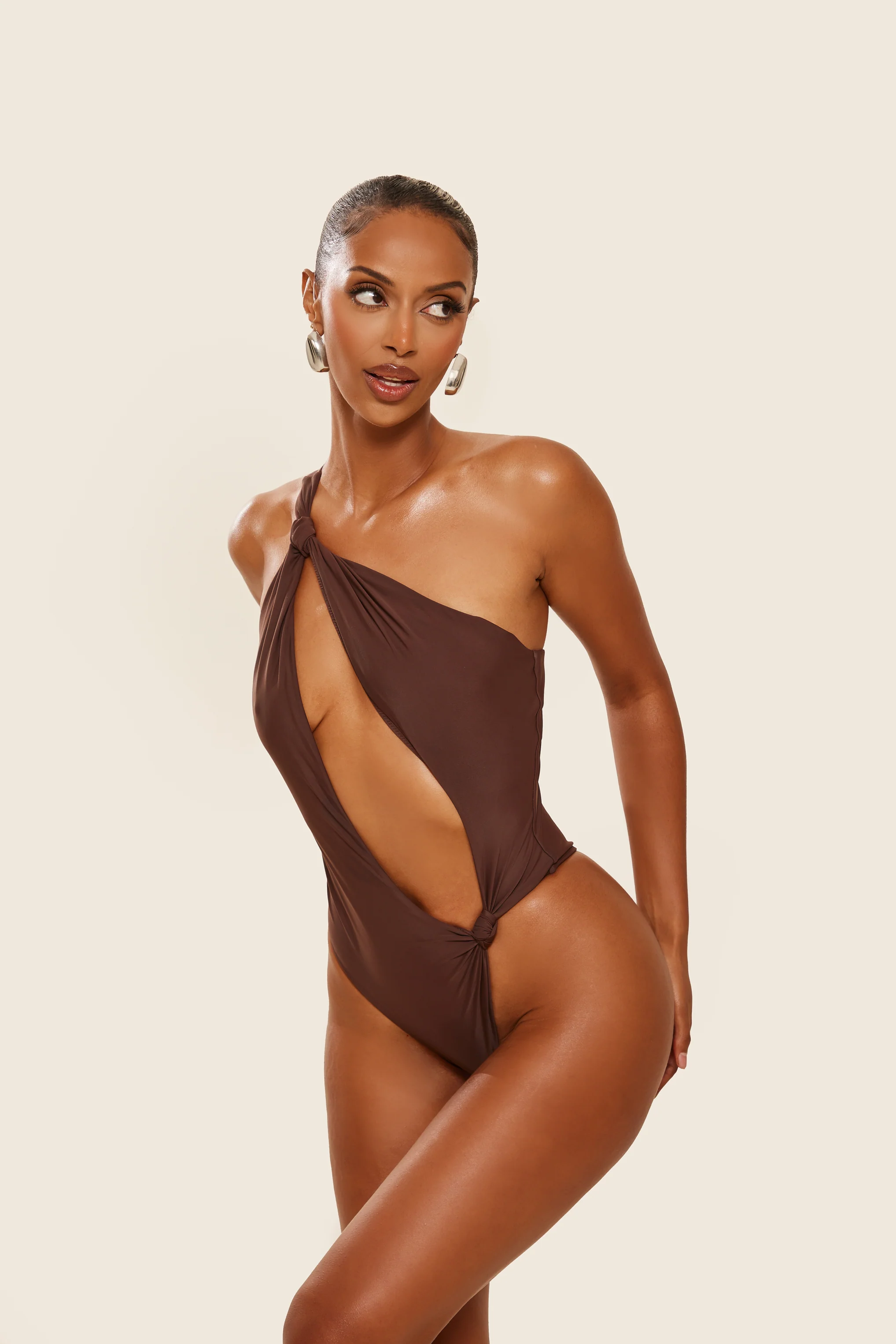 The Asymmetric Knot Detail Swimsuit in Brown