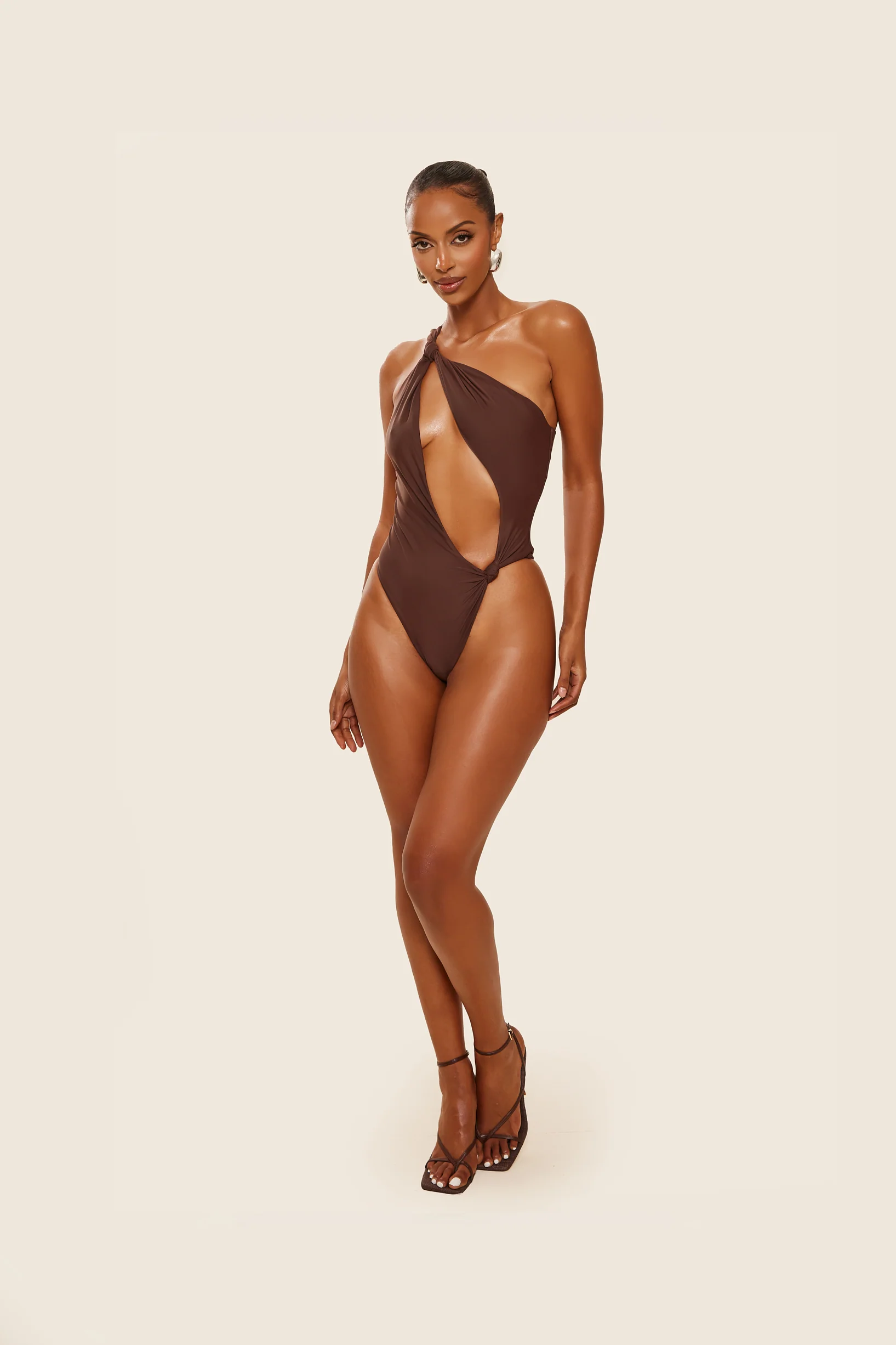 The Asymmetric Knot Detail Swimsuit in Brown