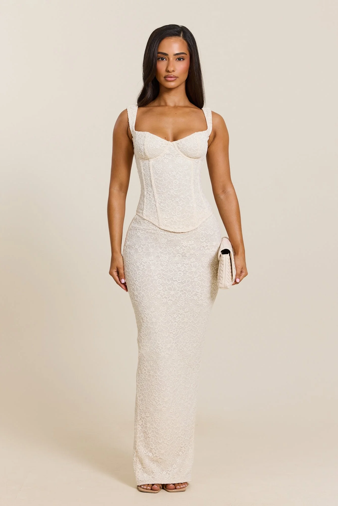 The Cinched Lace Maxi Set in Off White