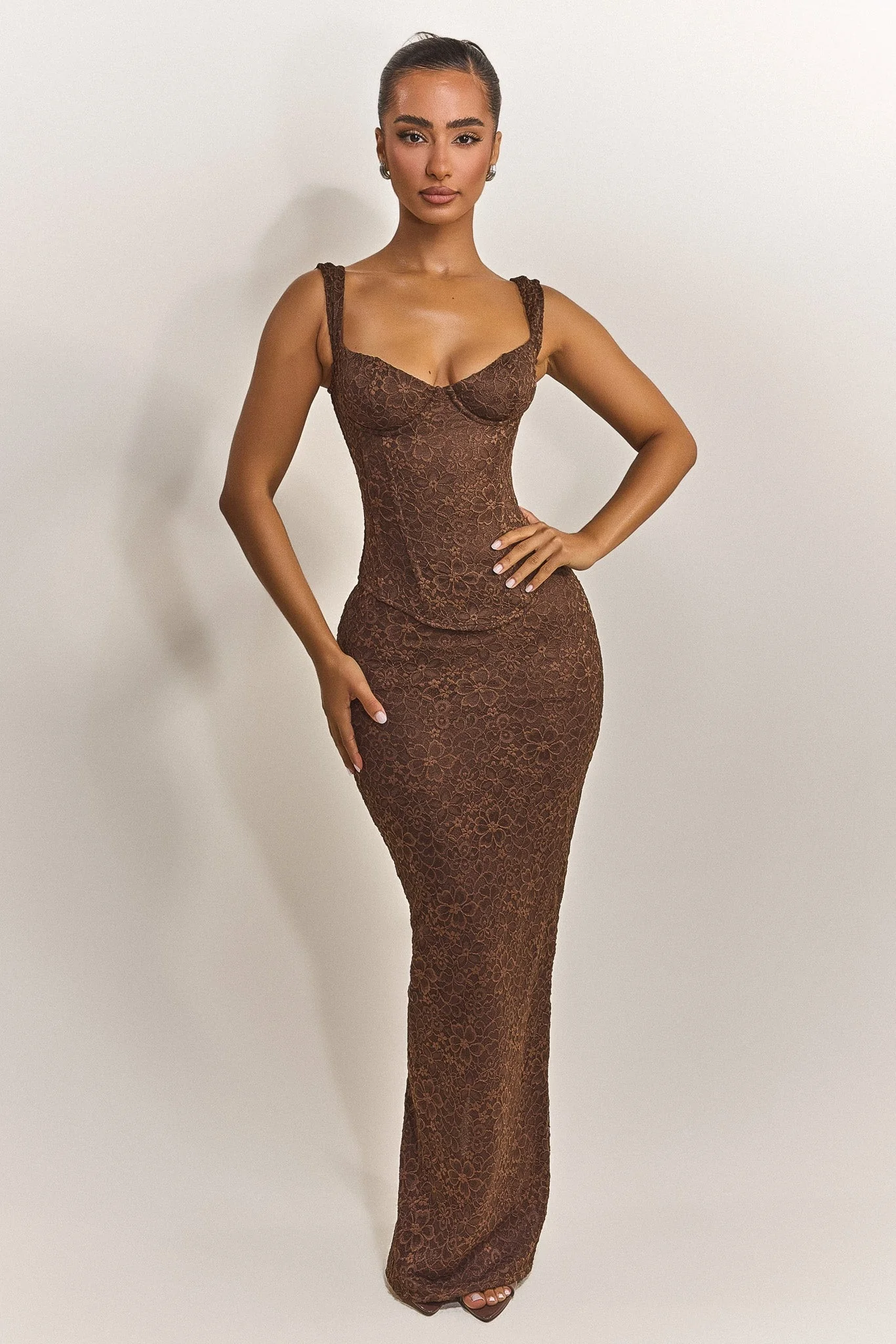 The Cinched Lace Maxi Skirt in Brown