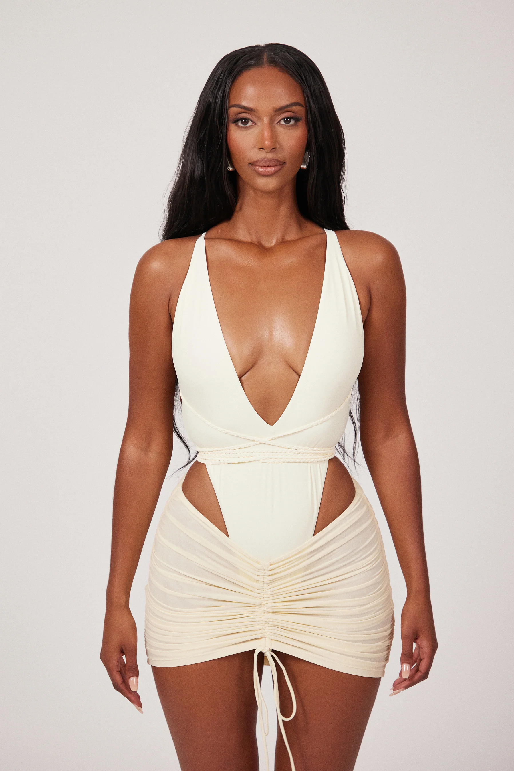 Mesh Ruched Coverup Skirt in Cream