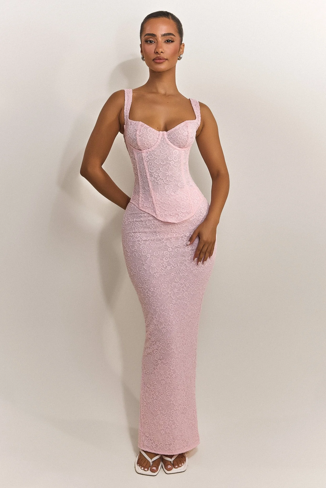 The Cinched Lace Corset Maxi Set in Baby Pink