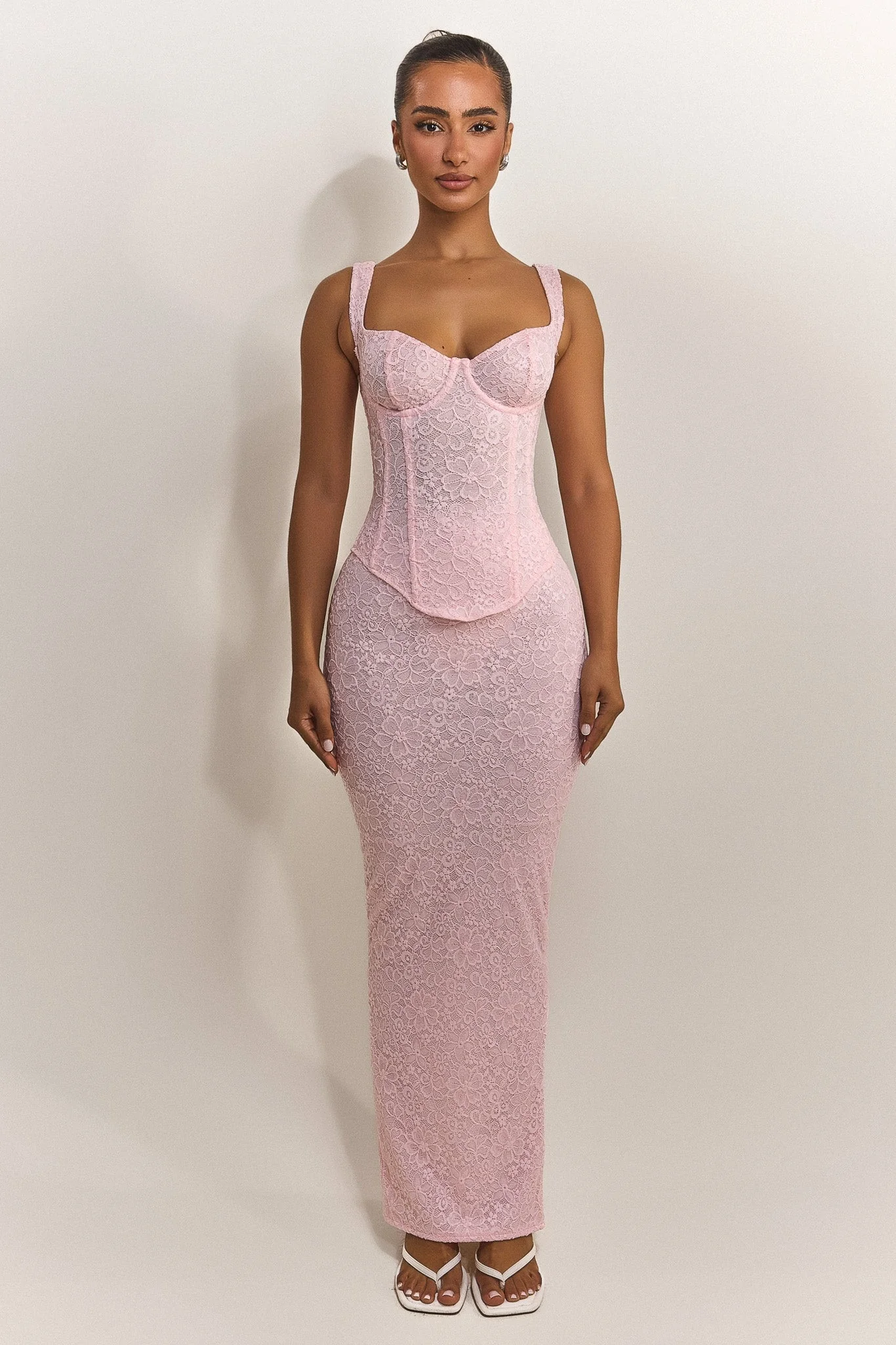 The Cinched Lace Corset Maxi Set in Baby Pink
