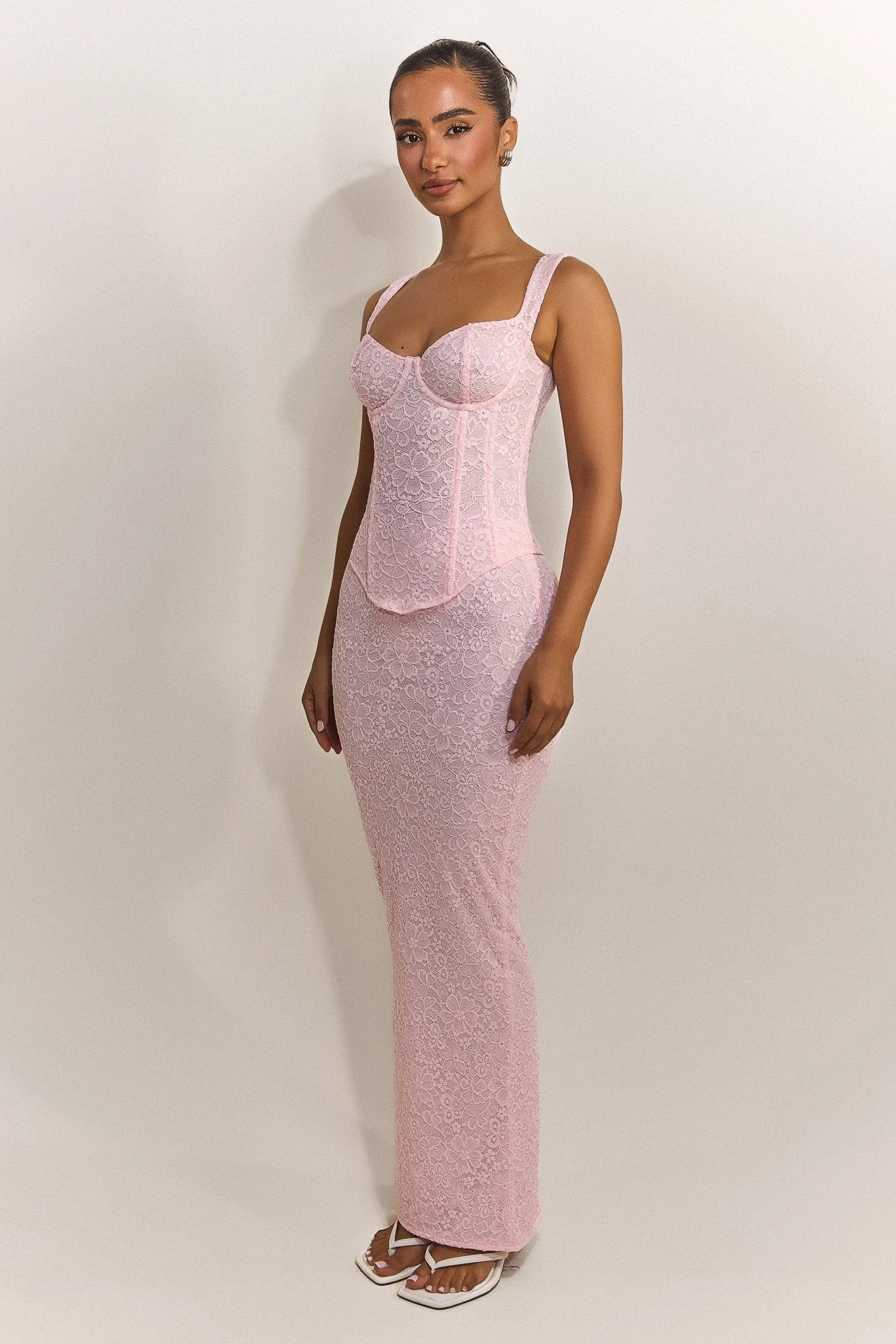 The Cinched Lace Corset Maxi Set in Baby Pink