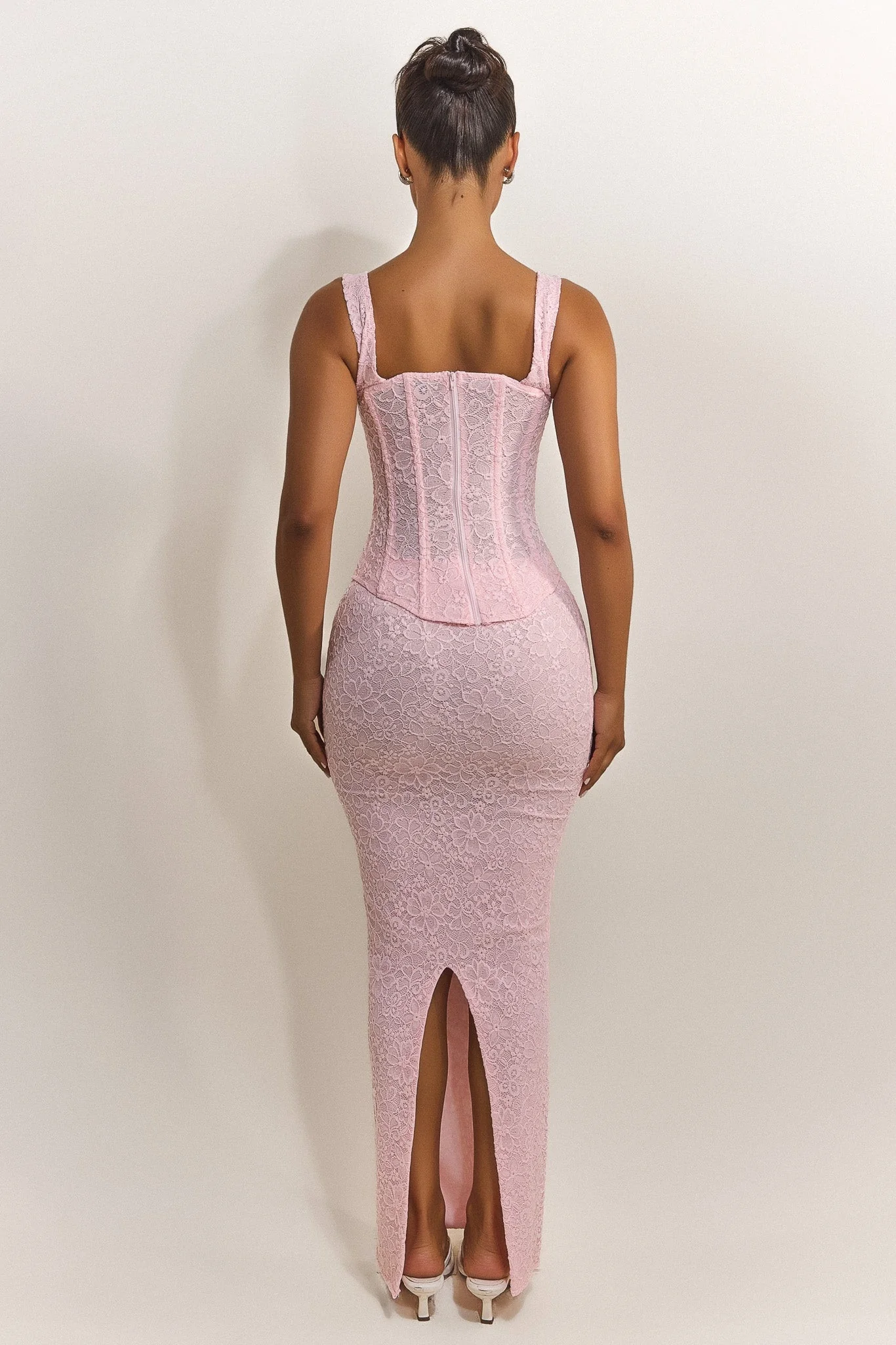 The Cinched Lace Corset Maxi Set in Baby Pink