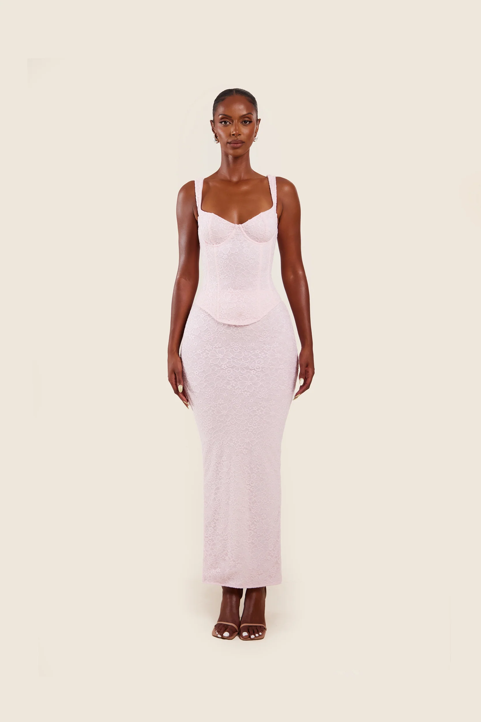 The Cinched Lace Corset Maxi Set in Baby Pink