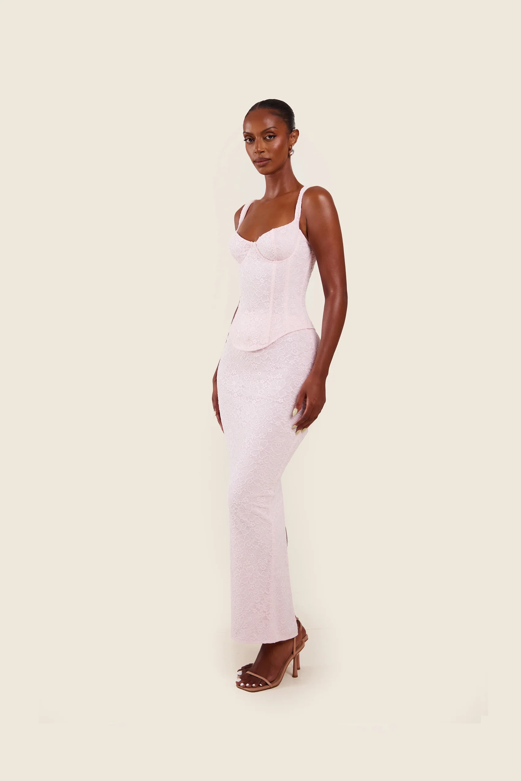 The Cinched Lace Corset Maxi Set in Baby Pink