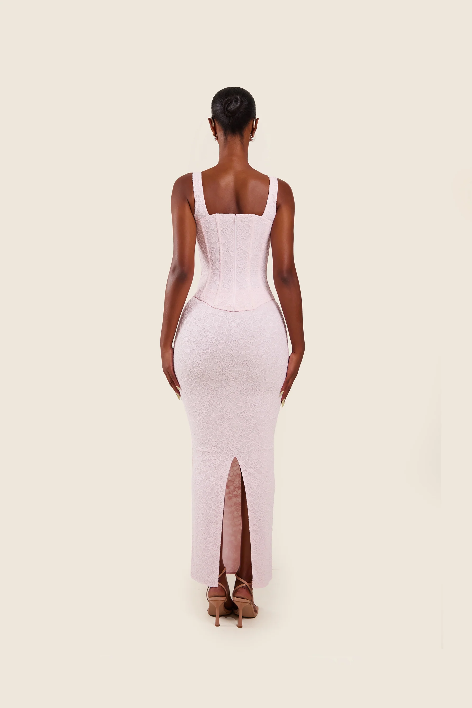 The Cinched Lace Corset Maxi Set in Baby Pink