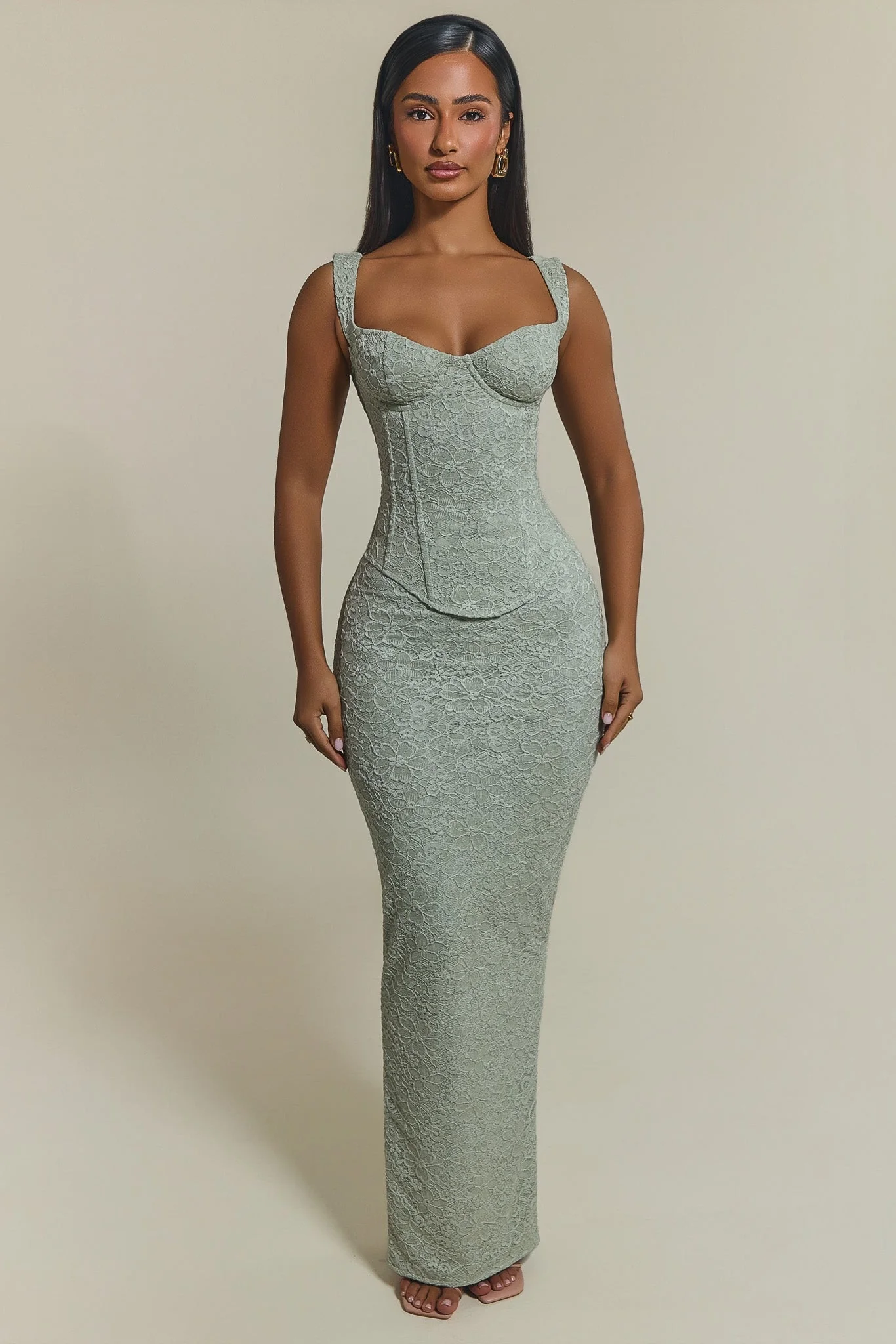 The Cinched Lace Corset Maxi Skirt Set in Sage Green