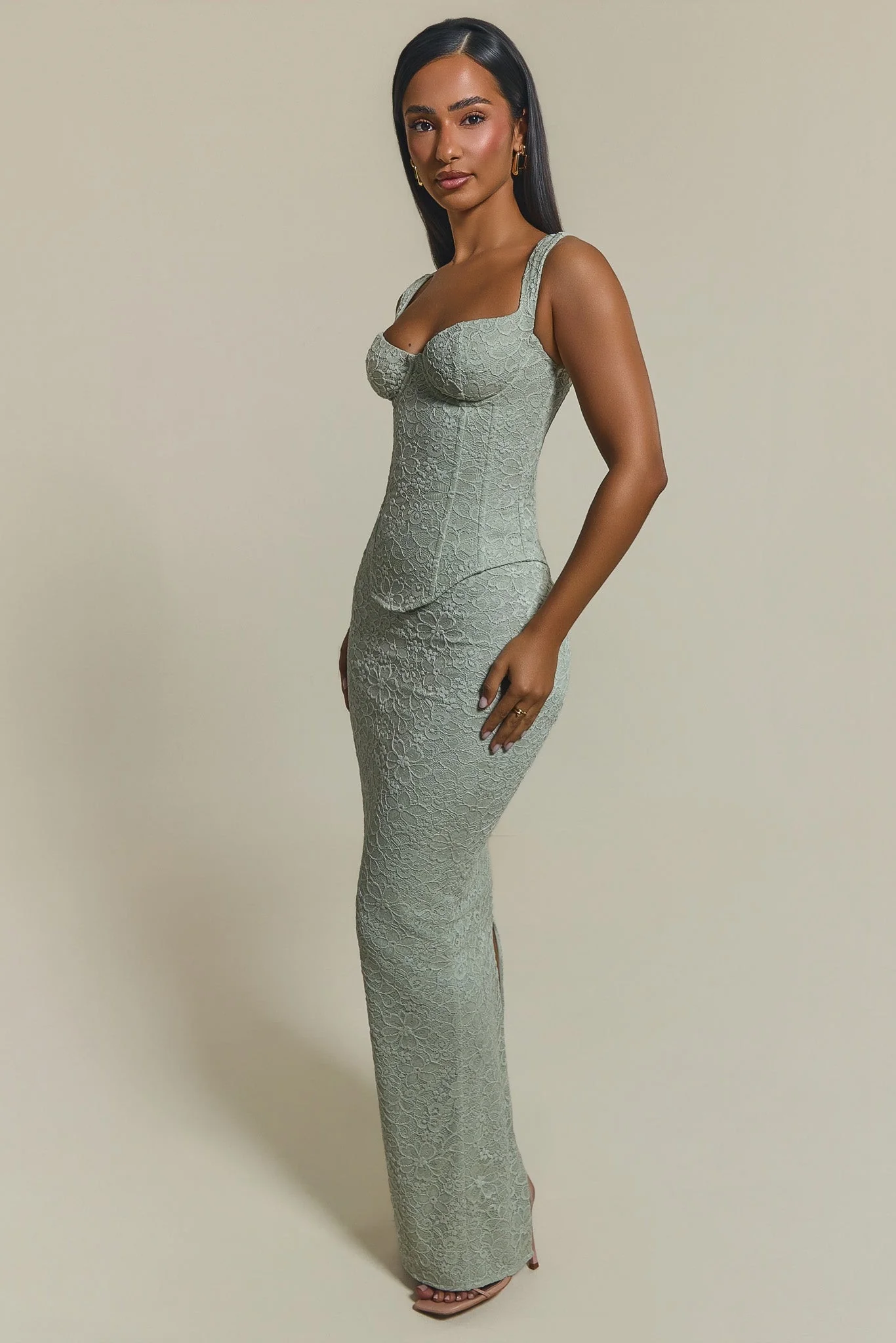 The Cinched Lace Corset Maxi Skirt Set in Sage Green