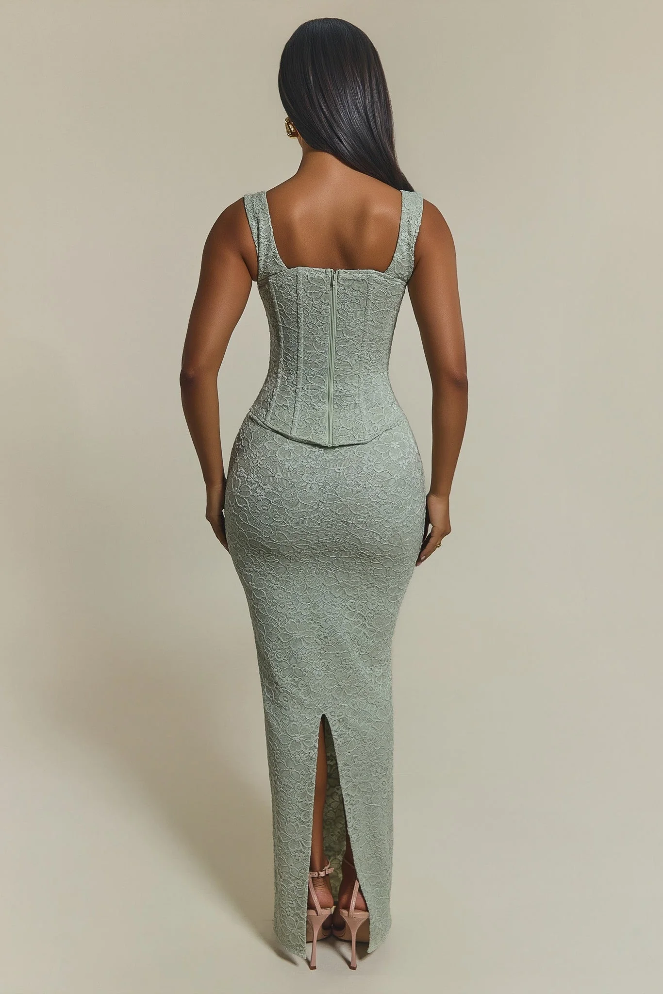 The Cinched Lace Corset Maxi Skirt Set in Sage Green