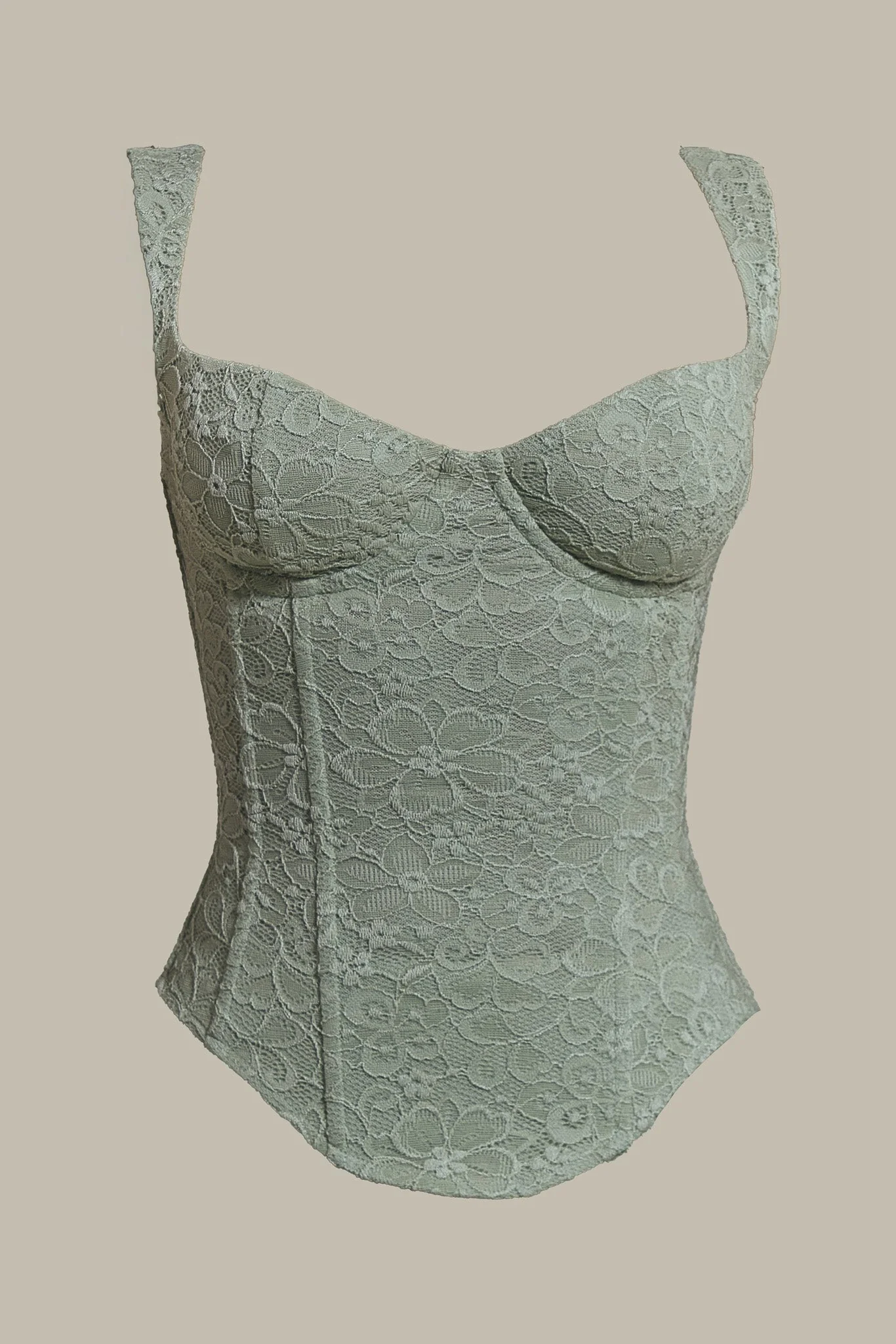 The Cinched Lace Corset Maxi Skirt Set in Sage Green