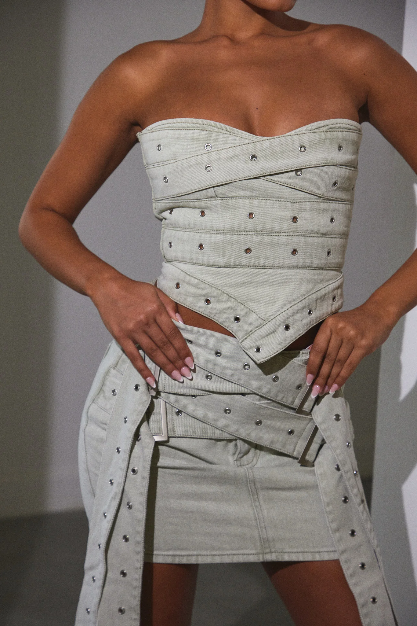 Belted Denim Skirt in Grey Wash