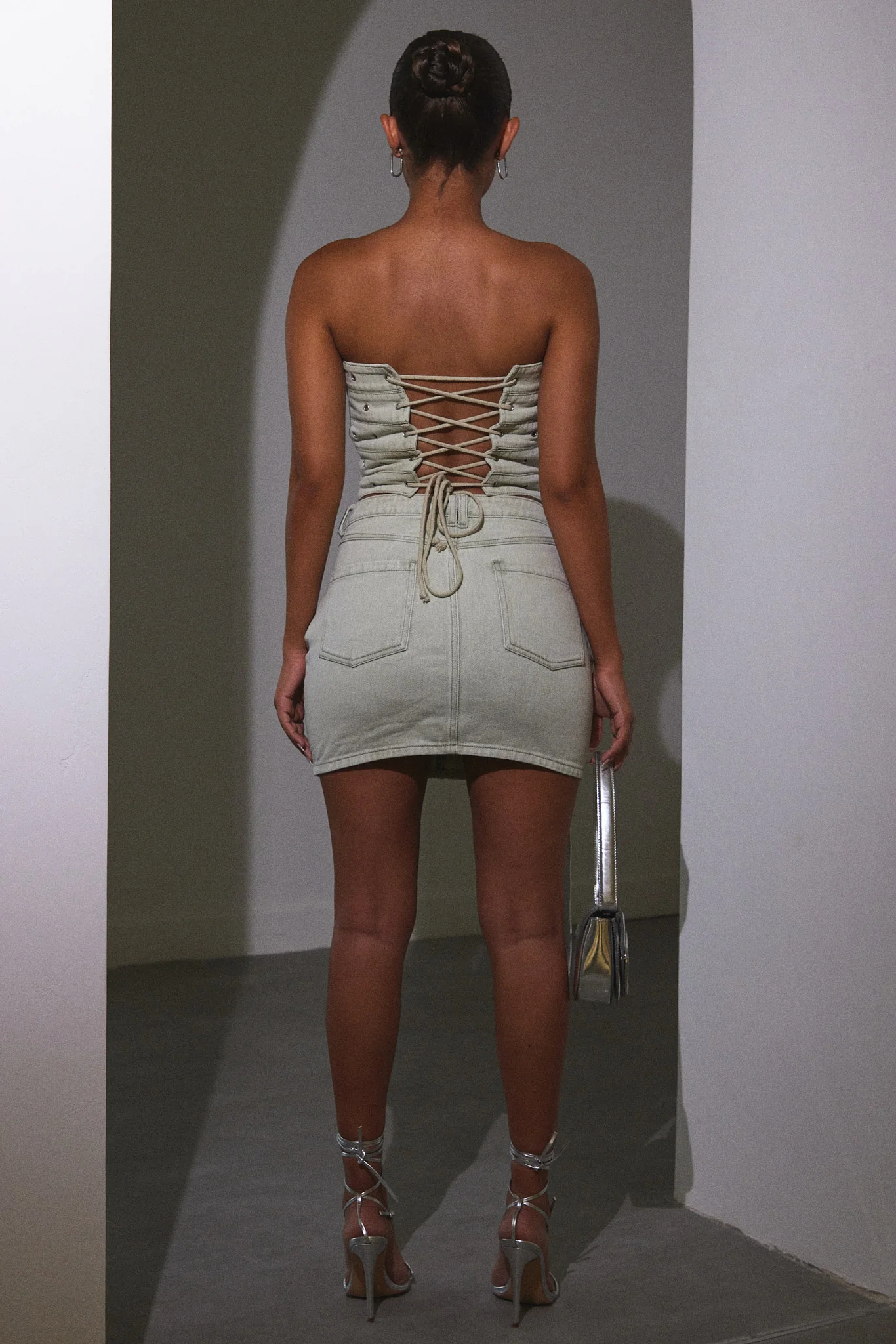 Belted Denim Skirt in Grey Wash