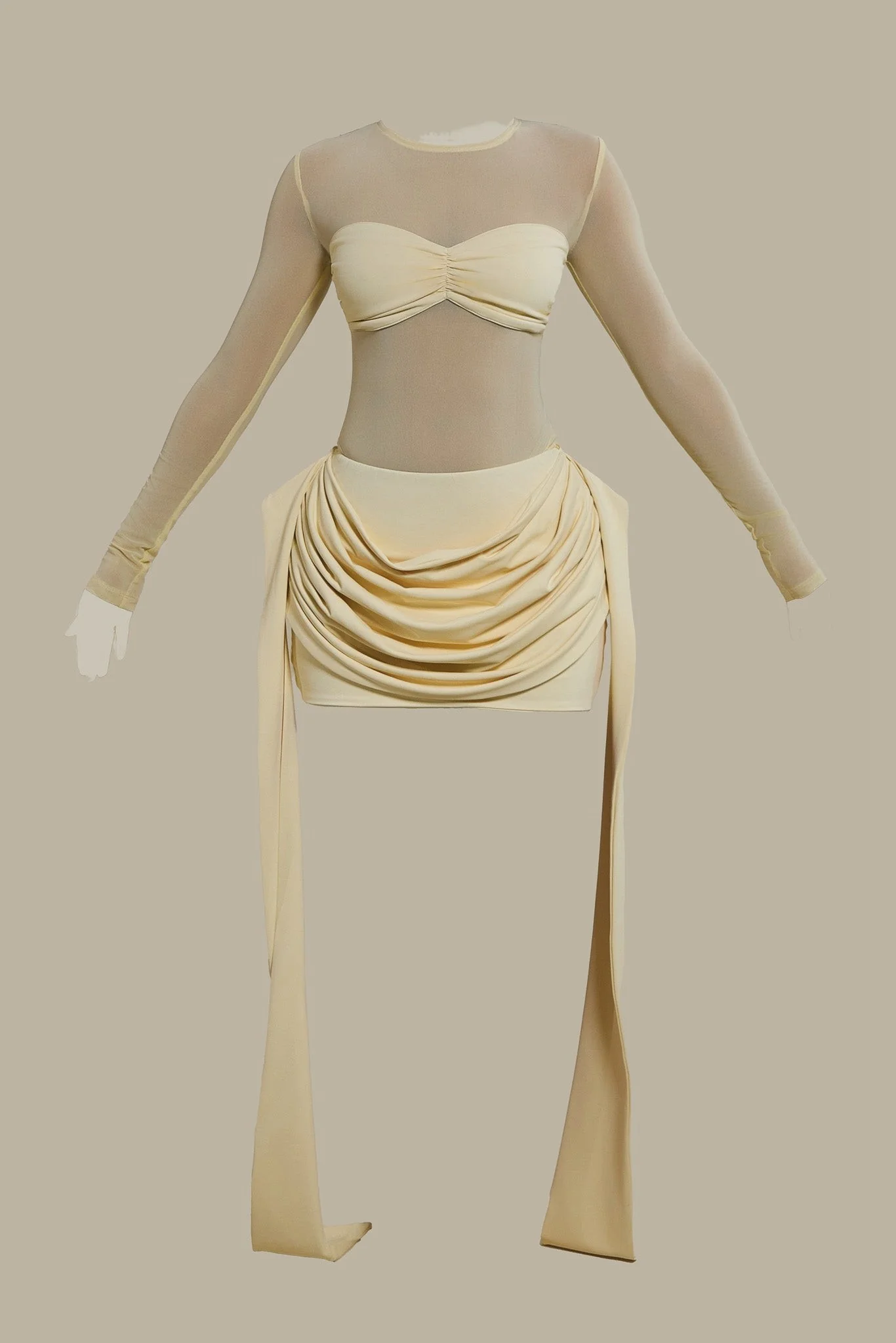 The Yara Long Sleeve Mesh Bodysuit in Butter Yellow