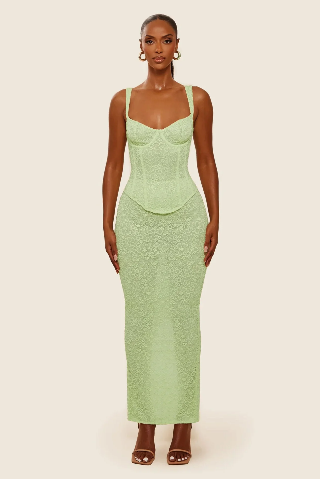 The Cinched Lace Maxi Set in Lime