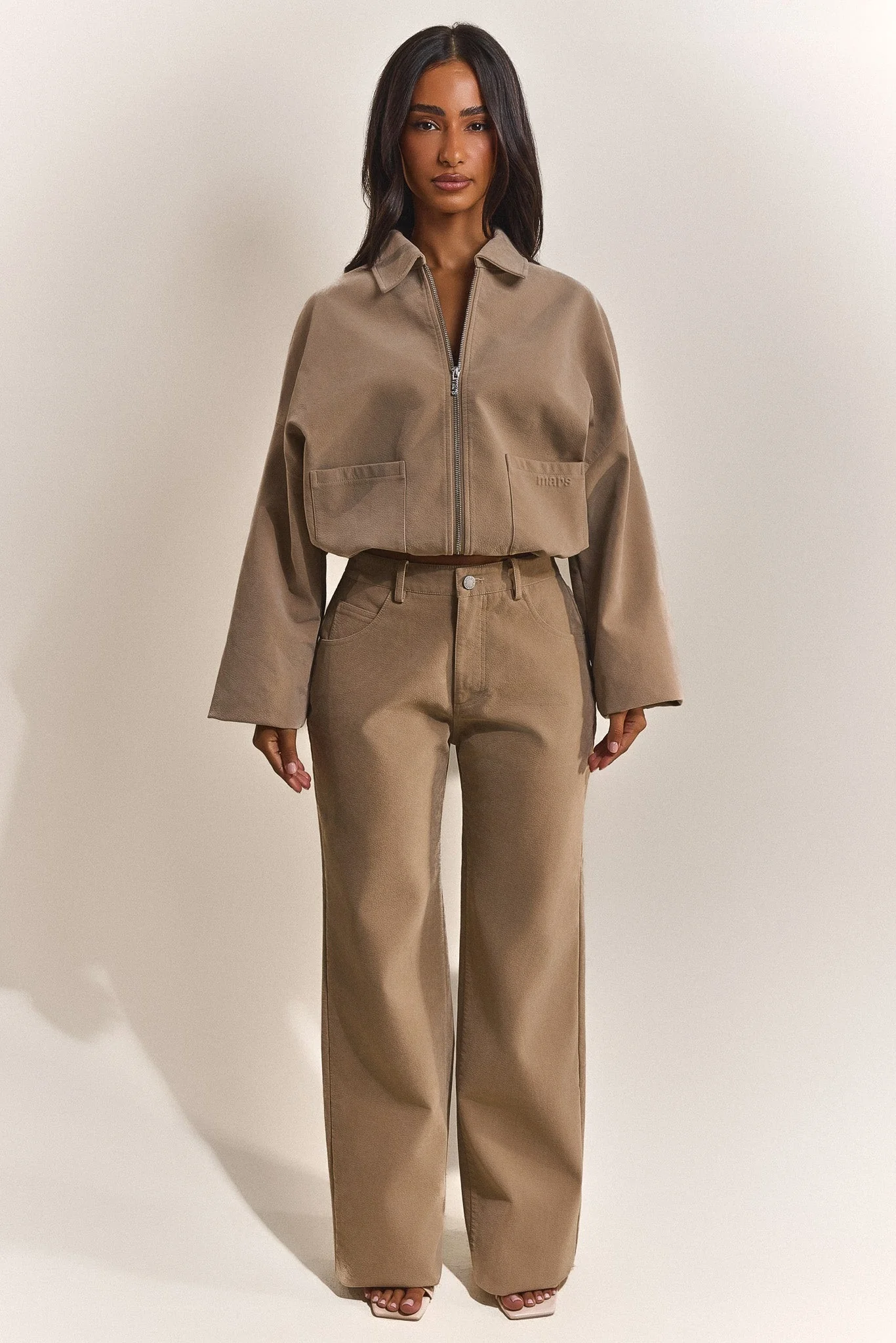 The Isla Faux Suede Straight Leg Trousers in Beige