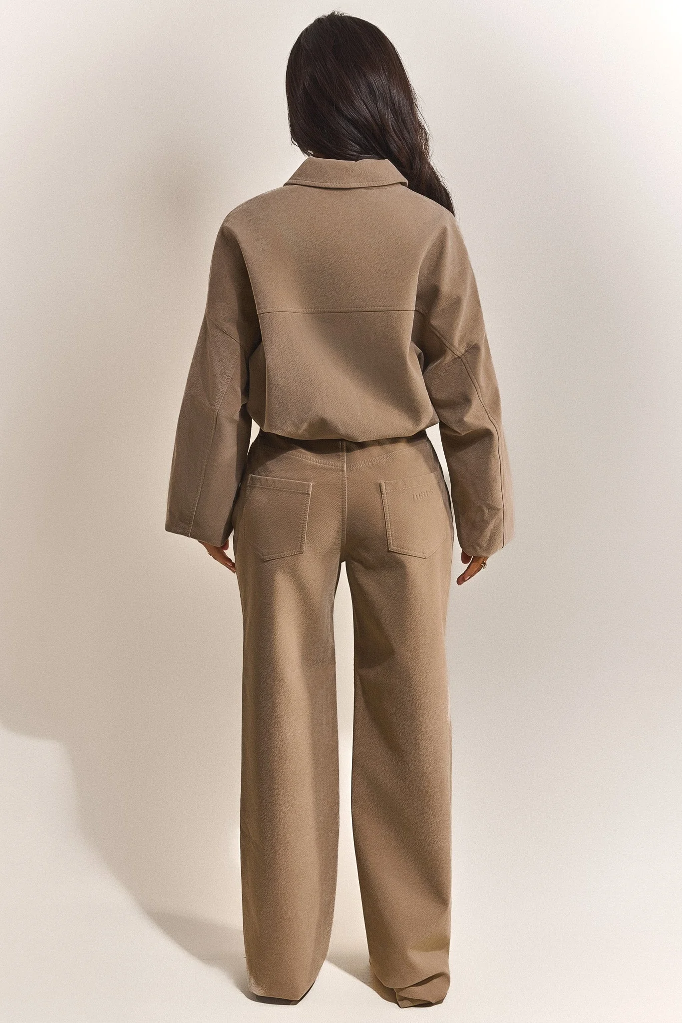 The Isla Faux Suede Straight Leg Trousers in Beige
