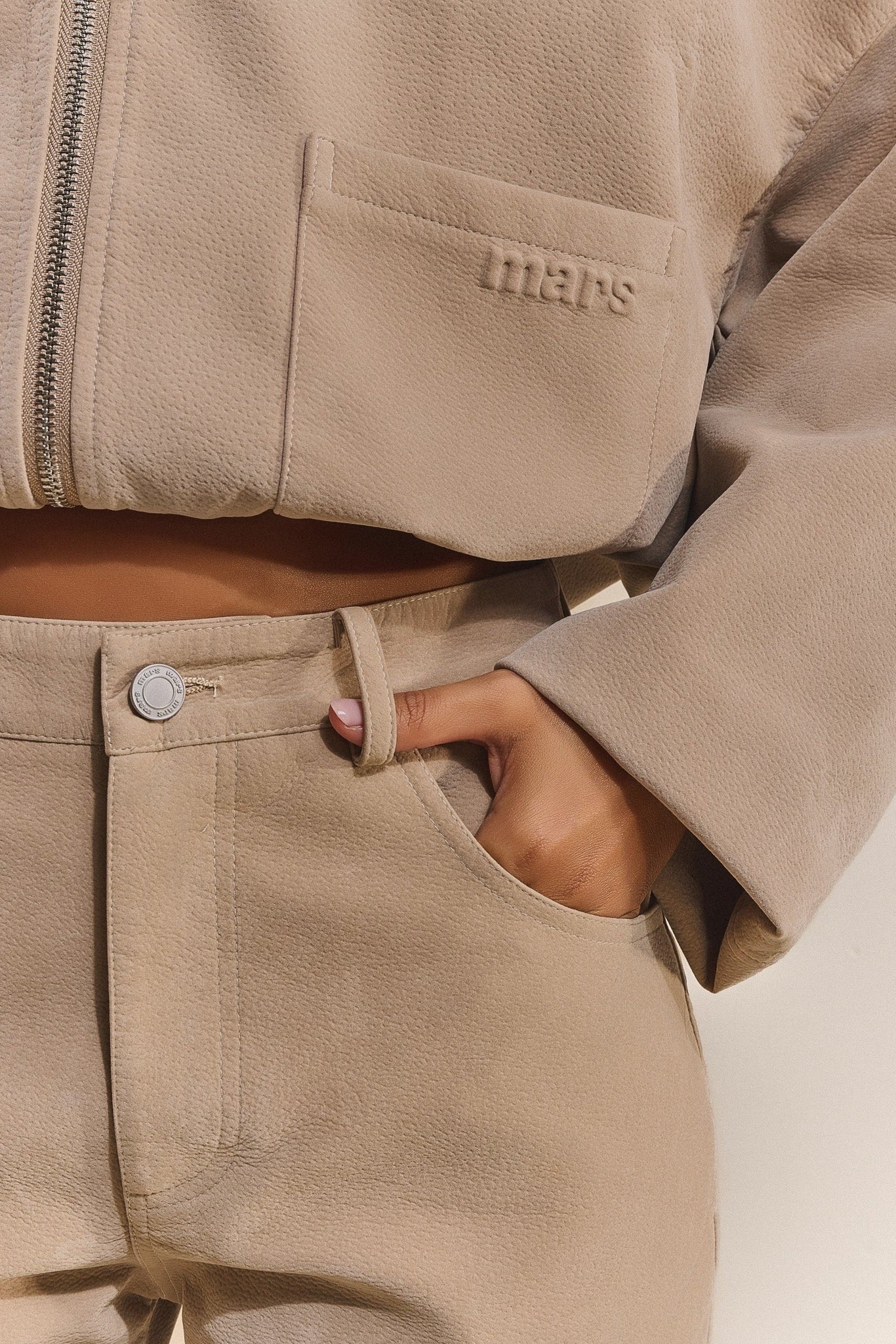The Isla Faux Suede Straight Leg Trousers in Beige