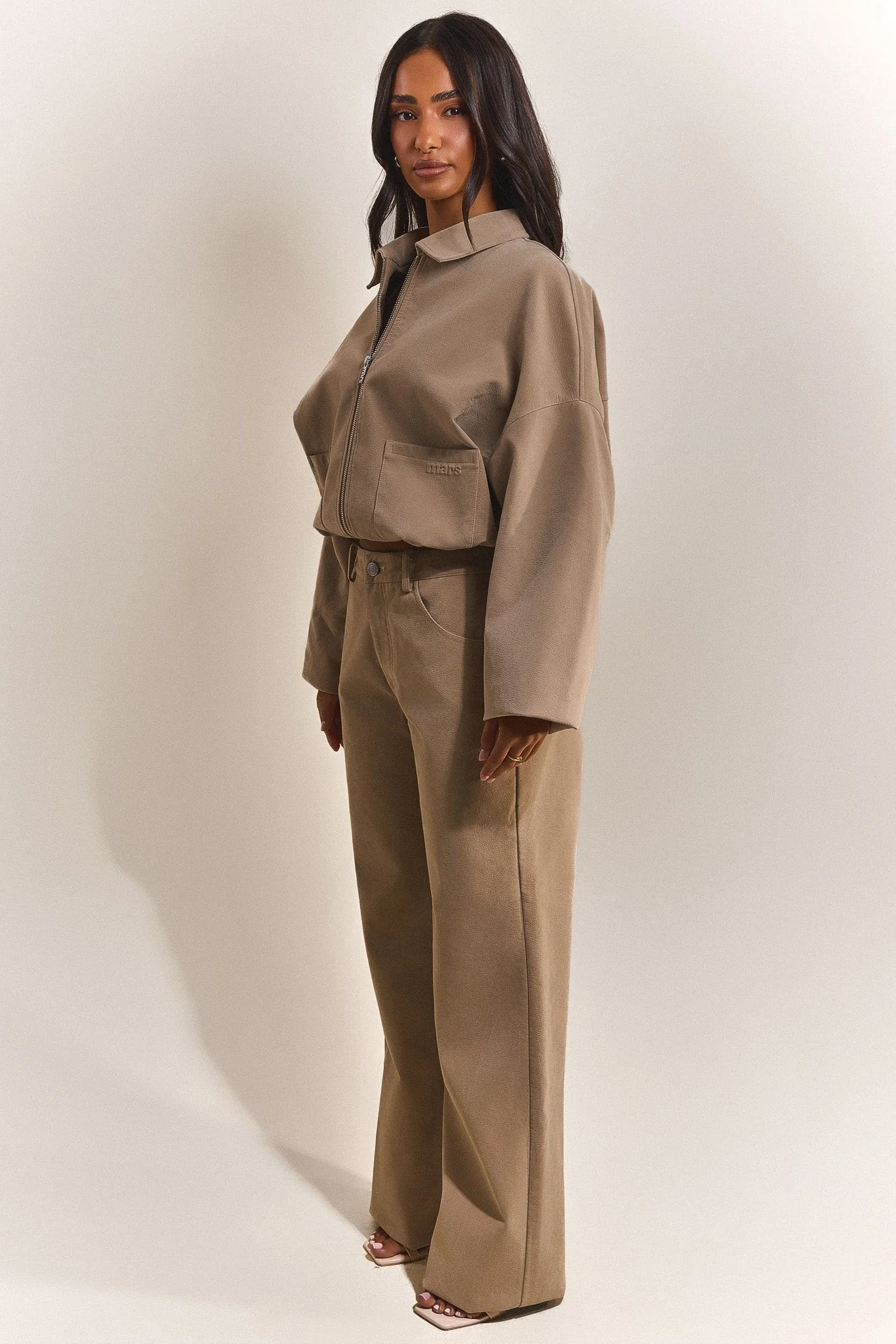 The Isla Faux Suede Straight Leg Trousers in Beige