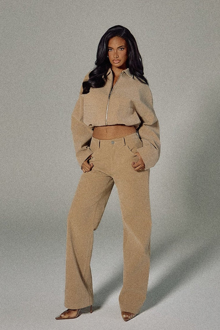 The Isla Faux Suede Straight Leg Trousers in Beige