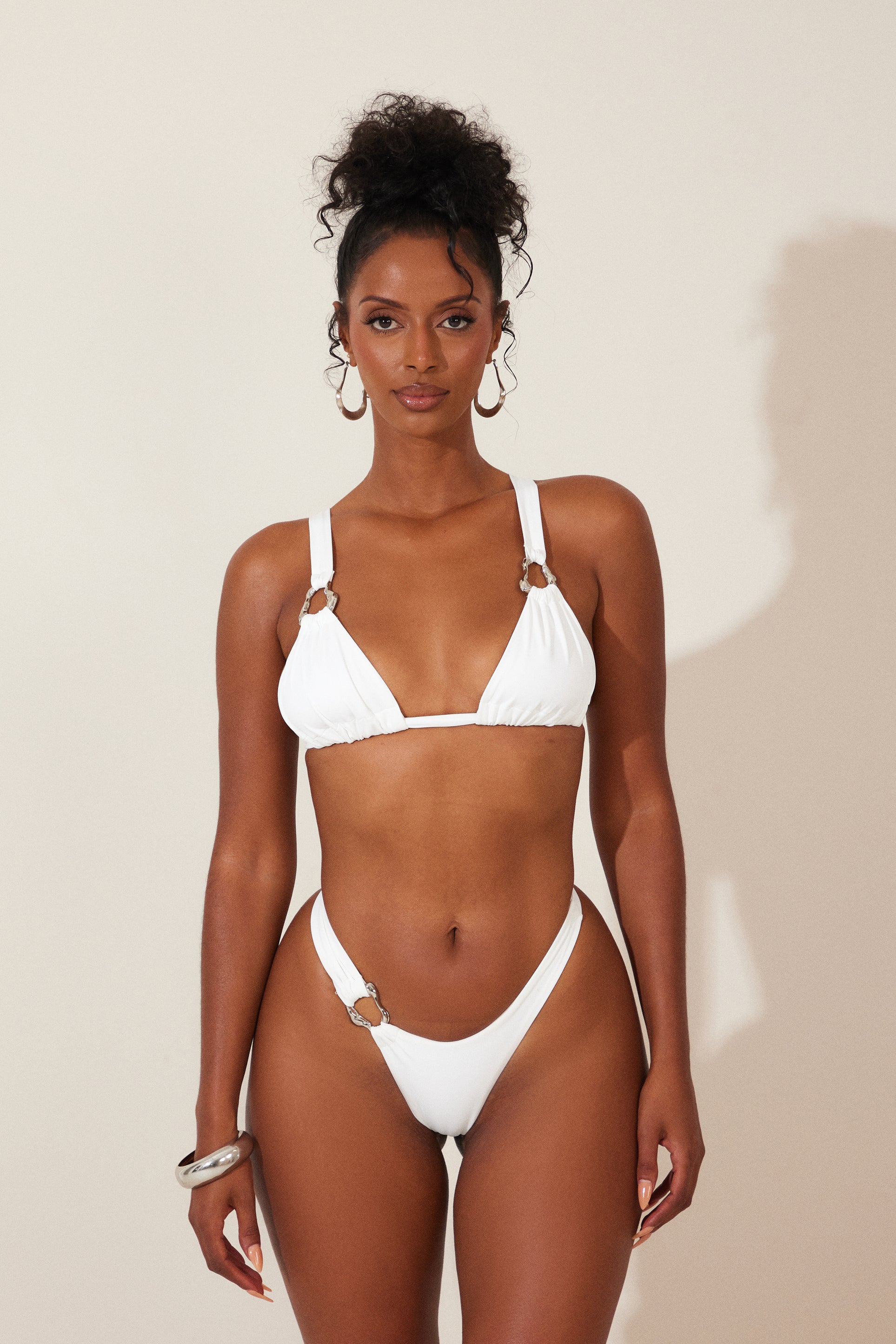 The Silver Detail Ruched Bikini in White