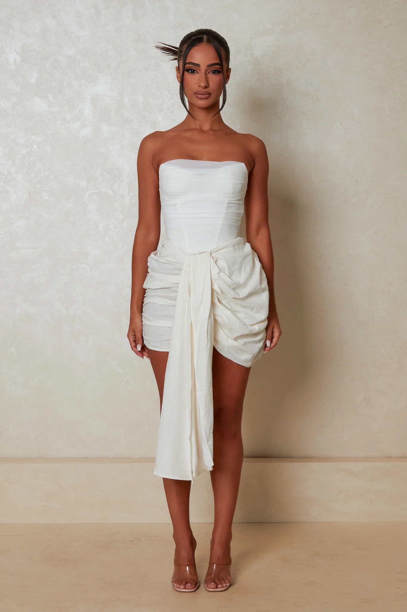 The Tie Ruched Skirt in Cream Linen