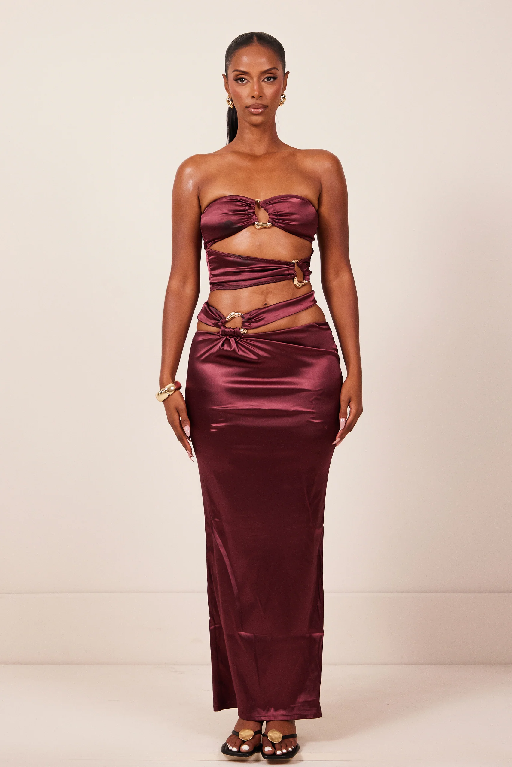 The Plated Satin Bandeau Maxi Set in Wine