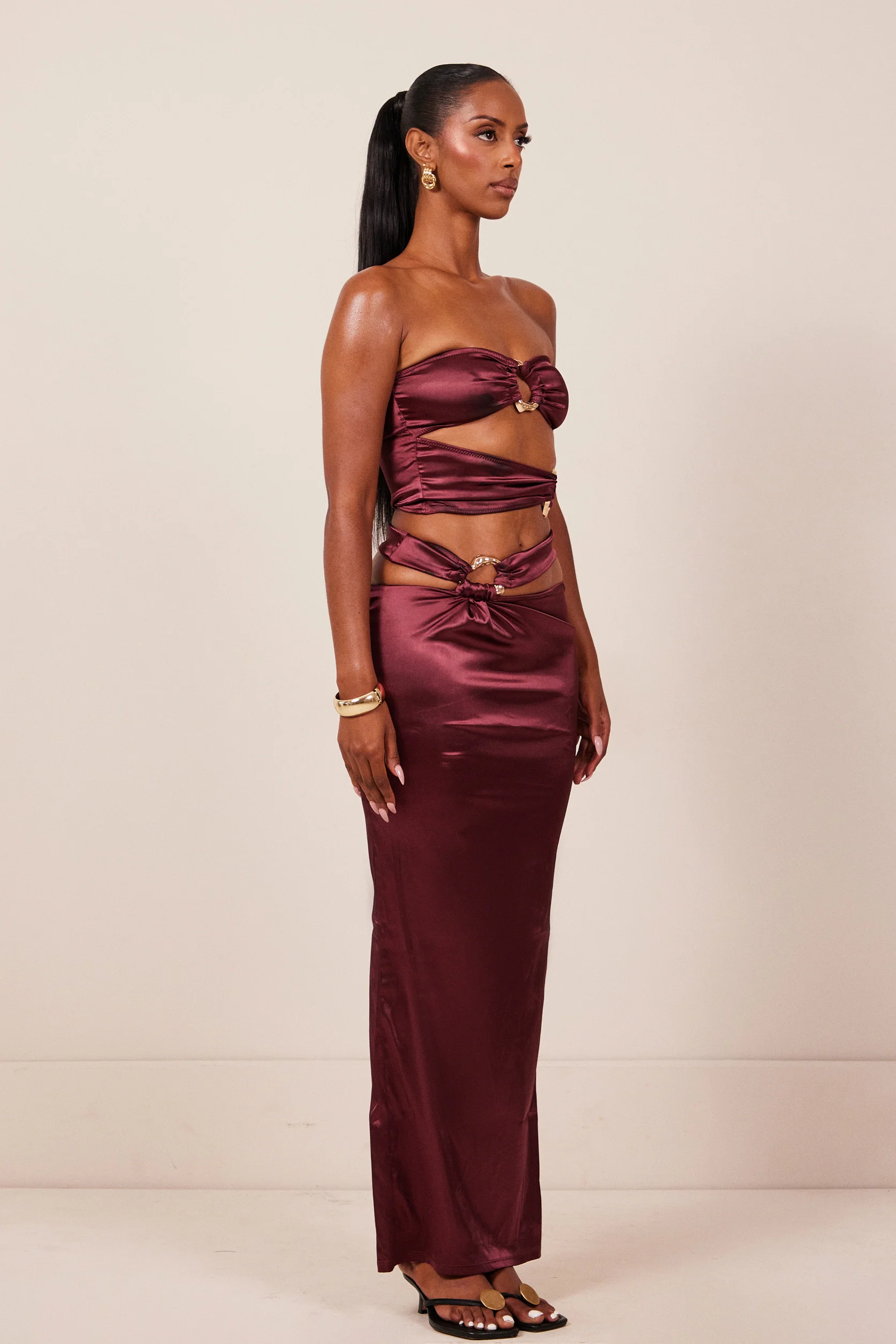 The Plated Satin Bandeau Maxi Set in Wine