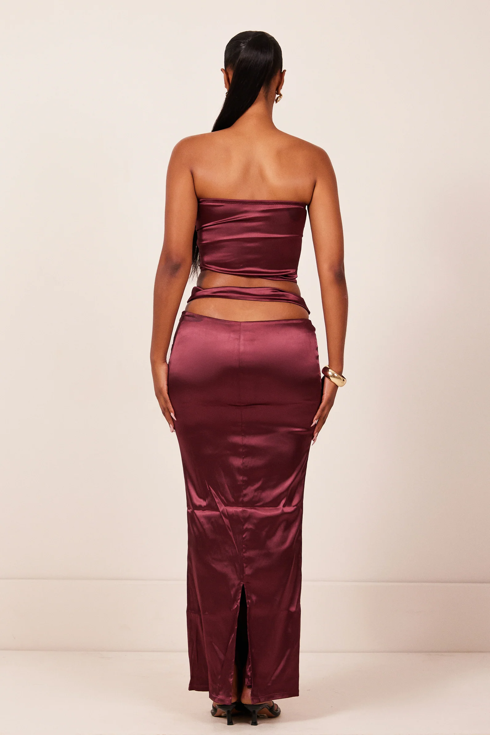 The Plated Satin Bandeau Maxi Set in Wine