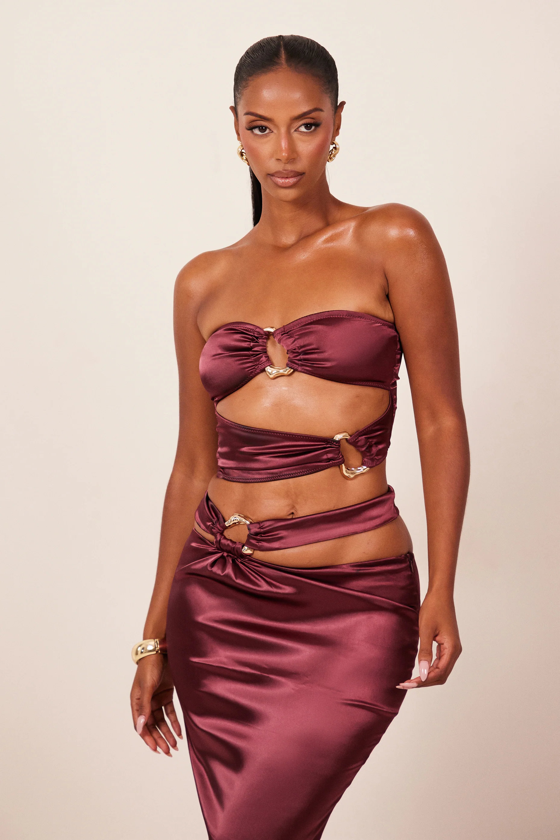 The Plated Satin Bandeau Maxi Set in Wine