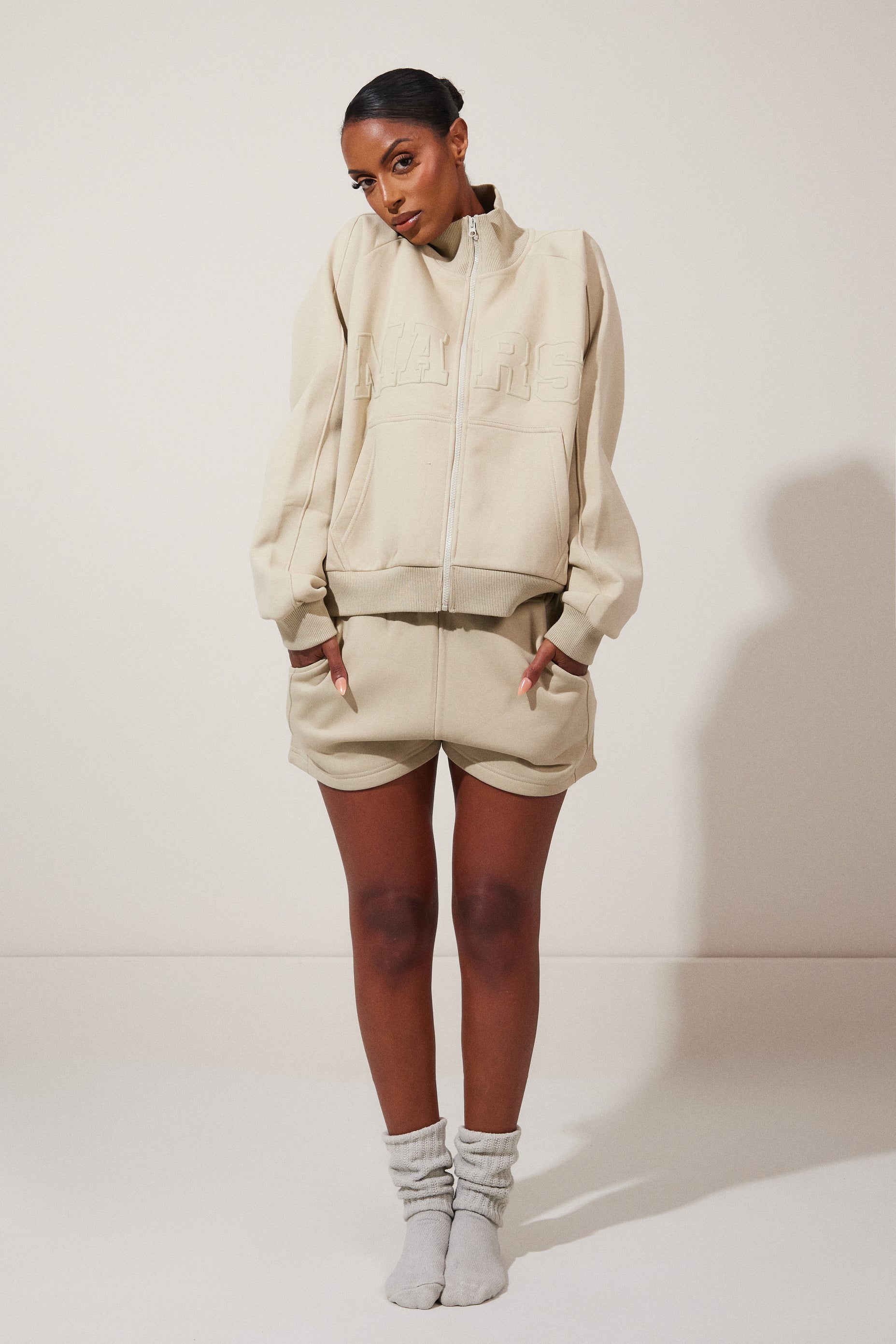 The Graphic Varsity Shorts in Stone