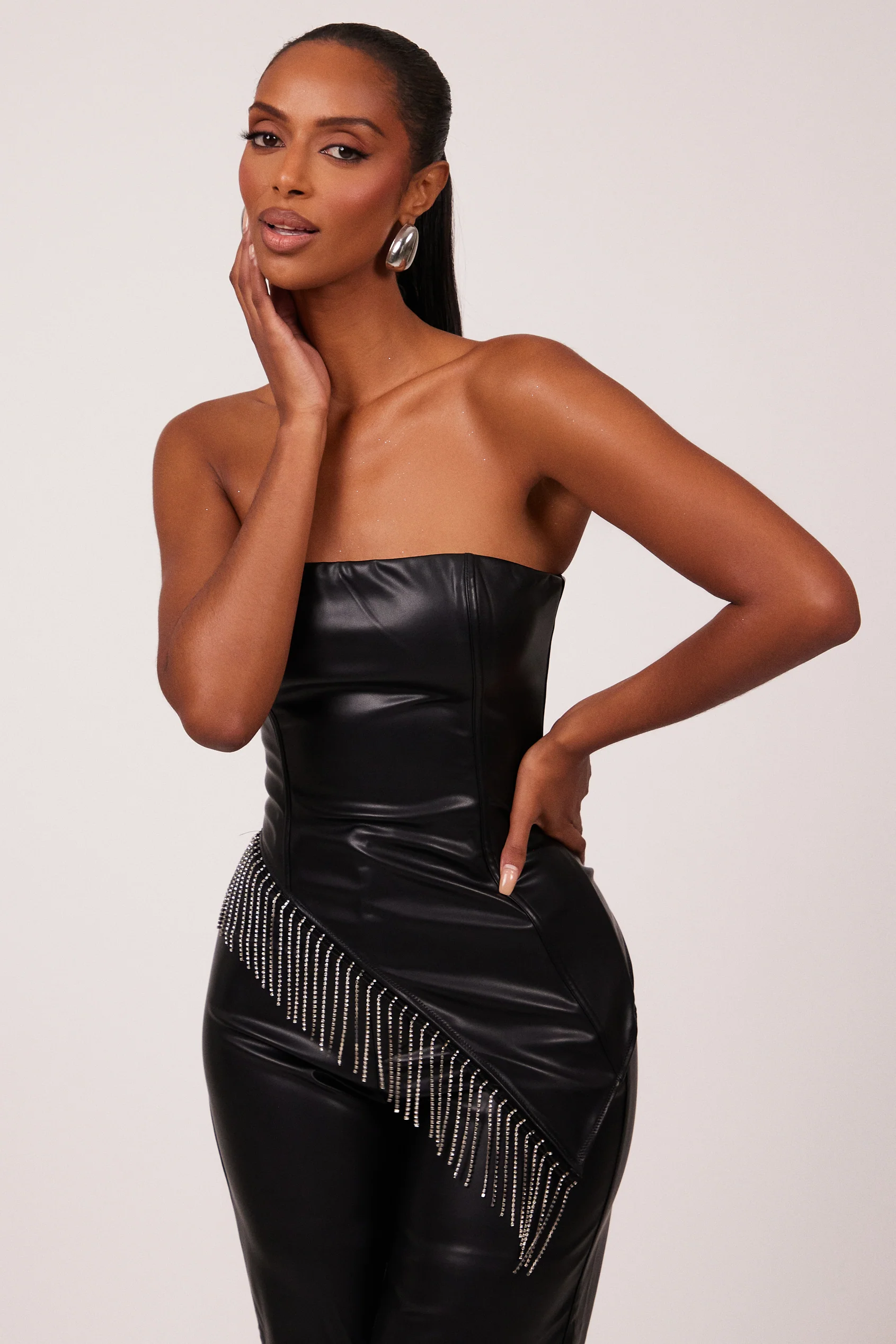 The Leather Diamond Trim Corset in Black